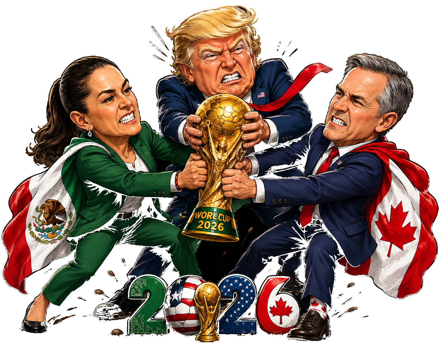 The three host nation leaders wrestling for the FIFA World Cup 2026 trophy